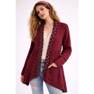 Denim 24/7 Burgundy Knit Cardigan Sweater Open Front Studded Trim Size M Boho